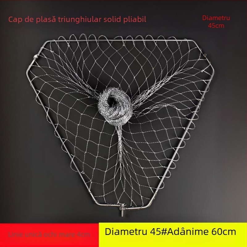 Cap de plasă de pescuit triunghiular pliabil, cu inel din oțel inoxidabil, pentru capturi mari, plasă cu ochi fini