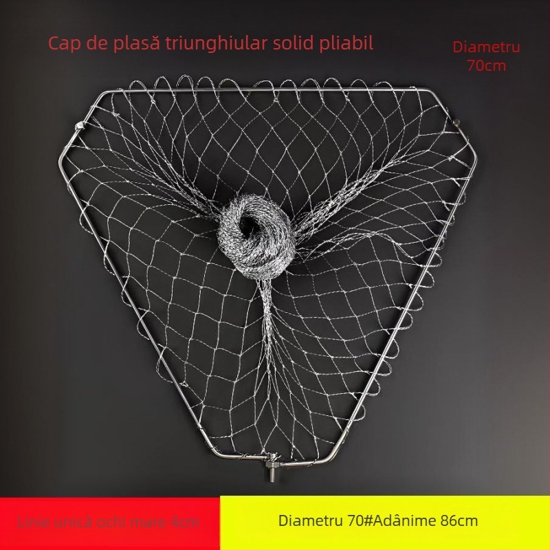 Cap de plasă de pescuit triunghiular pliabil, cu inel din oțel inoxidabil, pentru capturi mari, plasă cu ochi fini
