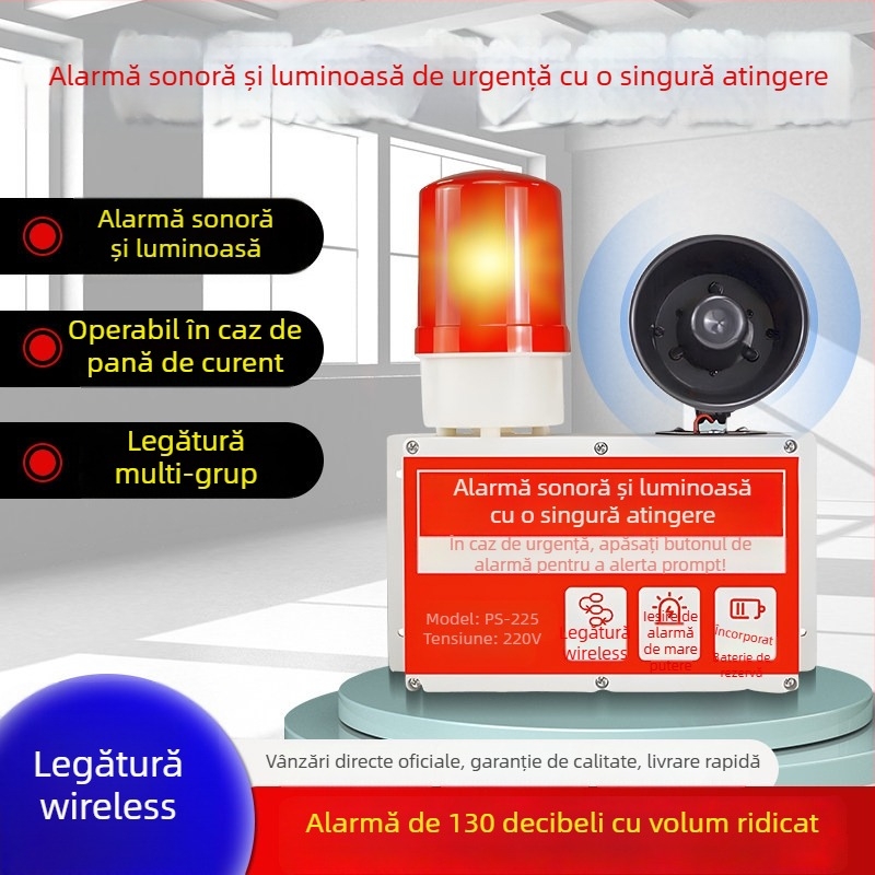 Sistem industrial de alarmă cu un singur buton, sunet și lumină, fără fir