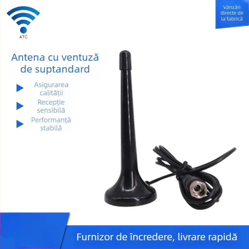 Antena TV de interior, câștig de 10 dB, bandă 80–6000 MHz, impedanță 50 Ω, SWR ≤1.5, rază telecomandă 30 m