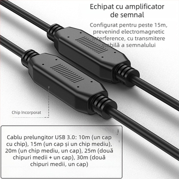 Cablu de extindere USB 3.0, M–F, cu cip încorporat de amplificare, conductori din cupru fără oxigen