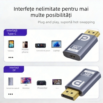 Adaptor Type-C la DP, 8K60Hz Ultra HD, USB-C femeie la DP bărbat 1.4, pentru laptopuri, telefoane și tablete către afișaje externe