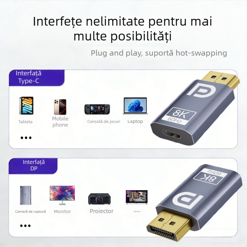 Adaptor Type-C la DP, 8K60Hz Ultra HD, USB-C femeie la DP bărbat 1.4, pentru laptopuri, telefoane și tablete către afișaje externe