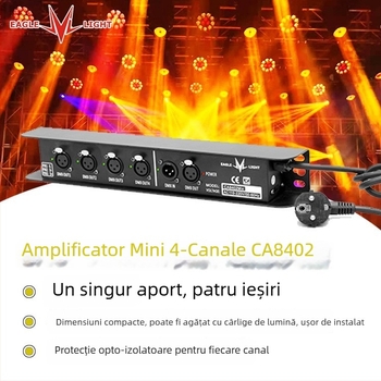 Minghao Eagle Light: Amplificator și distribuitor DMX pentru iluminat scenă, 4 canale, 1 intrare, 4 ieșiri, alimentare prin transformator, DMX512