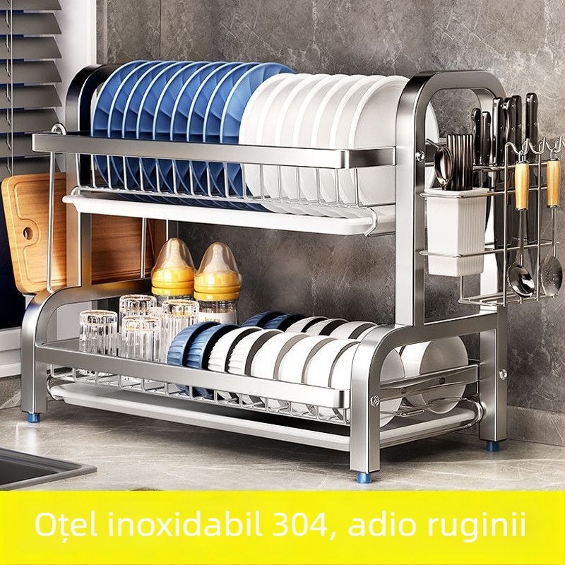 Raft de scurgere pentru vase din oțel inoxidabil 304, design simplu și modern, suport de bucătărie multi-funcțional pentru farfurii