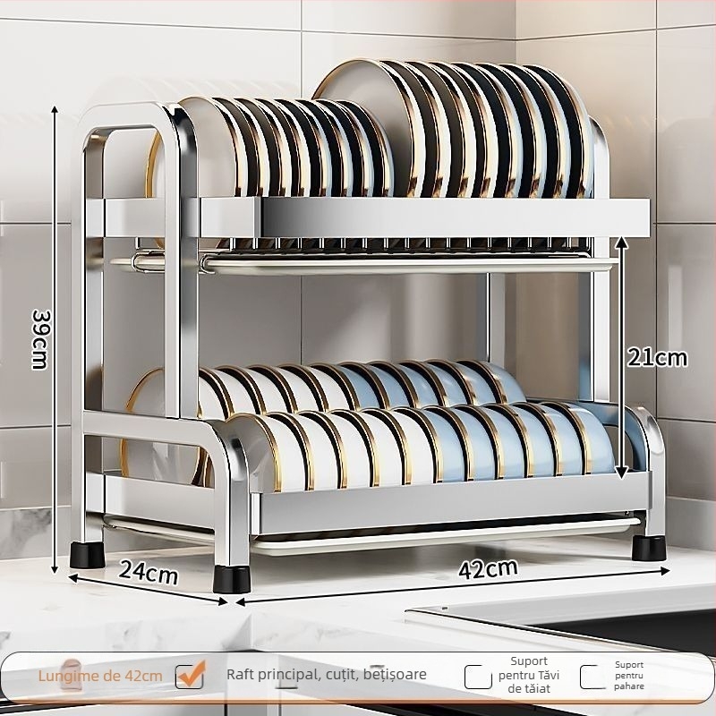 Raft de scurgere pentru vase din oțel inoxidabil 304, design simplu și modern, suport de bucătărie multi-funcțional pentru farfurii