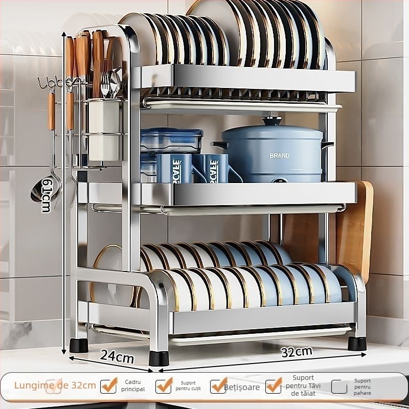 Raft de scurgere pentru vase din oțel inoxidabil 304, design simplu și modern, suport de bucătărie multi-funcțional pentru farfurii