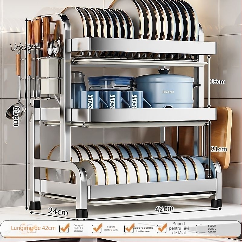 Raft de scurgere pentru vase din oțel inoxidabil 304, design simplu și modern, suport de bucătărie multi-funcțional pentru farfurii