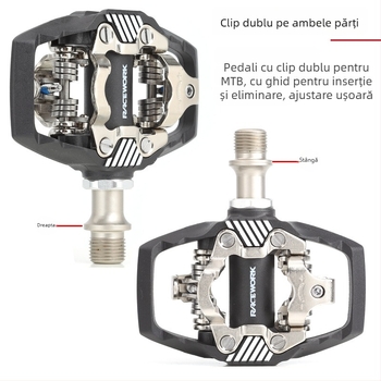 Pedale Racework pentru bicicletă de munte, cu sistem SPD de încuietare automată și plăci de blocare; corp din fibră de nylon, ax din oțel crom-molibden; model Pd-m112d