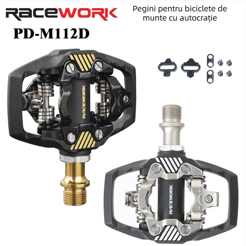 Pedale Racework pentru bicicletă de munte, cu sistem SPD de încuietare automată și plăci de blocare; corp din fibră de nylon, ax din oțel crom-molibden; model Pd-m112d
