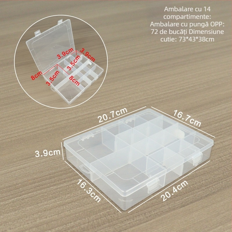 Cutie de depozitare din plastic transparent cu 14 compartimente, capac, pentru mărgele, bijuterii și unelte mici