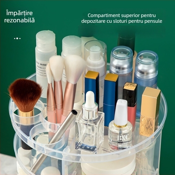 Cutie de depozitare de birou transparentă, cu mai multe niveluri, reglabilă pe înălime și organizator rotativ pentru cosmetică și papetărie
