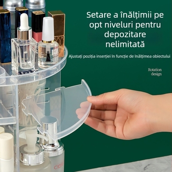 Cutie de depozitare de birou transparentă, cu mai multe niveluri, reglabilă pe înălime și organizator rotativ pentru cosmetică și papetărie