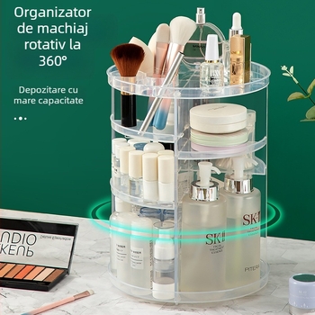 Cutie de depozitare de birou transparentă, cu mai multe niveluri, reglabilă pe înălime și organizator rotativ pentru cosmetică și papetărie