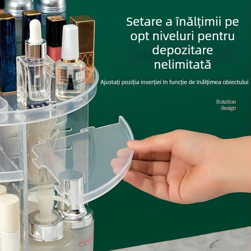 Cutie de depozitare de birou transparentă, cu mai multe niveluri, reglabilă pe înălime și organizator rotativ pentru cosmetică și papetărie