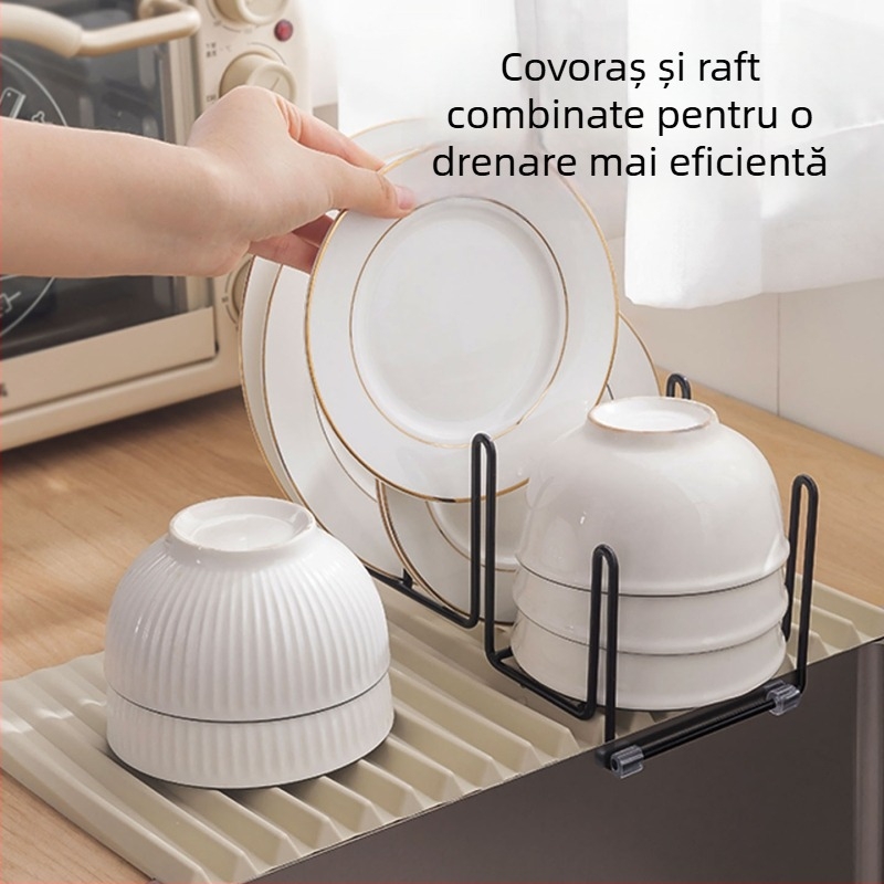 Covoraș de drenaj din siliconă pentru bucătărie, antiderapant, izolație termică, cu spațiu de uscare și suport pentru vase