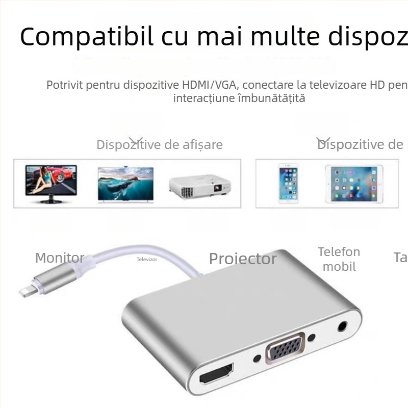 Adaptor iPhone către VGA/HDMI (Model 230, marcă neutră, compatibil cu iPhone)