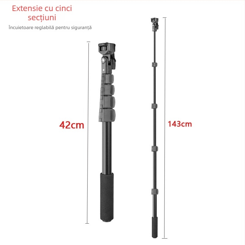 Bețișor selfie telescopic din aliaj de aluminiu pentru vlogging și ciclism în aer liber; 5 secțiuni; încărcare maximă 2–5 kg; compatibil cu dispozitive DJI/Feiyu
