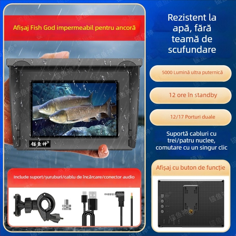 Display sonar impermeabil pentru pescuit, ecran ultra-clar, interval adâncime 0,6–30 m, alimentare DC 10–18V, comutator cu un singur buton, model nou