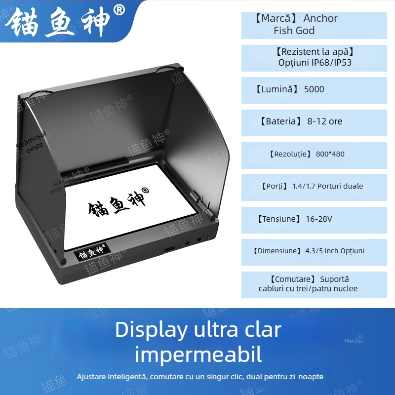 Display sonar impermeabil pentru pescuit, ecran ultra-clar, interval adâncime 0,6–30 m, alimentare DC 10–18V, comutator cu un singur buton, model nou