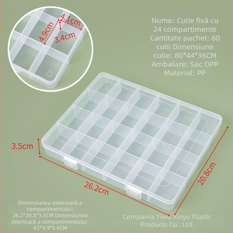 Cutie de depozitare cu 24 compartimente și capac, din plastic PP, pentru piese hardware și bijuterii