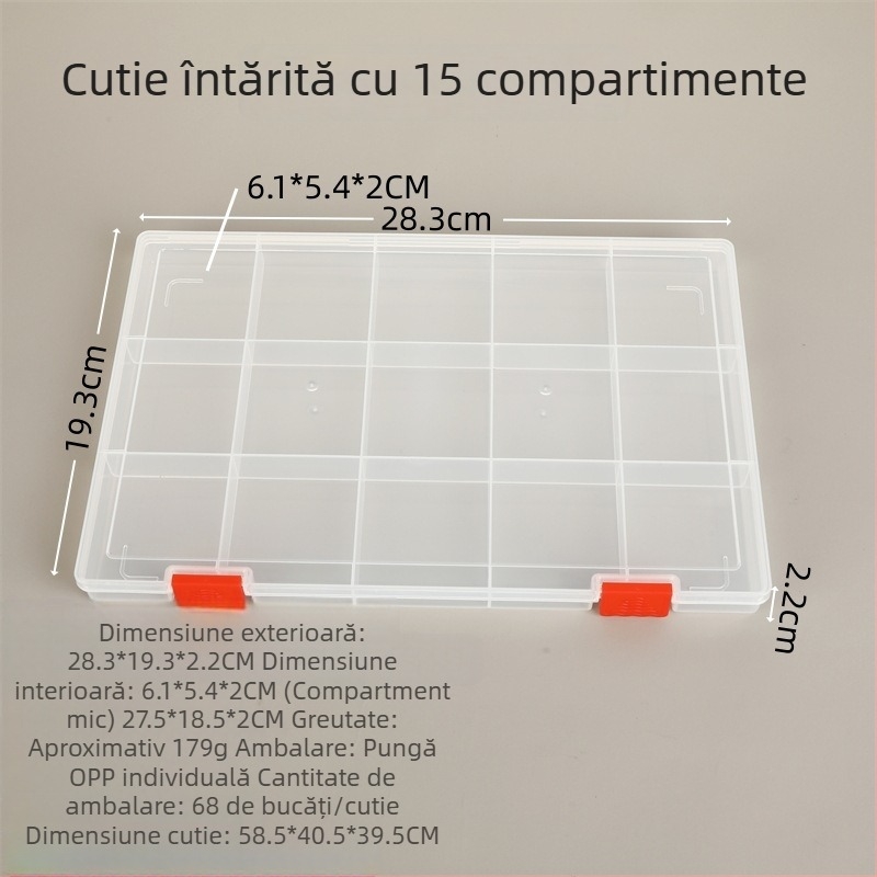 Cutie de depozitare din plastic, cu 15 compartimente, capac, pentru obiecte mici și accesorii de bijuterii