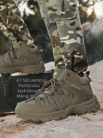 Pantofi de drumeție cu suprafață din piele naturală și plasă, respirabili, înălțime medie a gleznei, șireturi frontale, talpă din cauciuc rezistentă