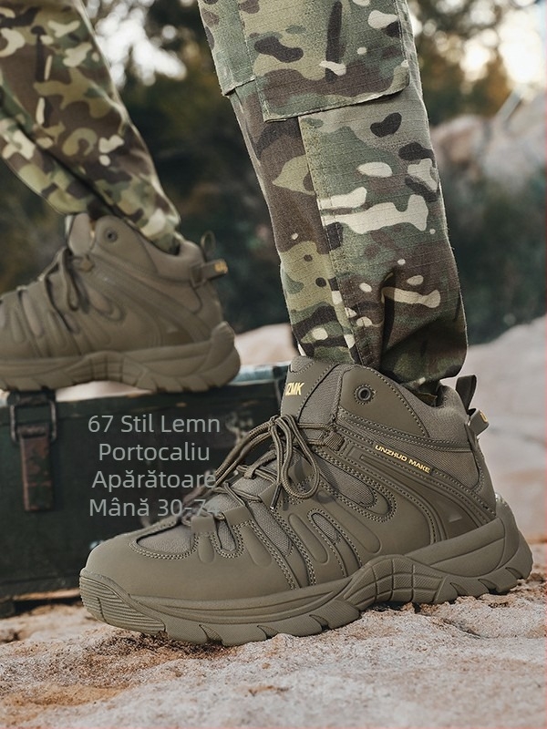 Pantofi de drumeție cu suprafață din piele naturală și plasă, respirabili, înălțime medie a gleznei, șireturi frontale, talpă din cauciuc rezistentă