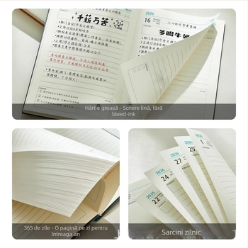 Notebook 2026: planificator zilnic pentru gestionarea timpului, legare pe linie, copertă PU, hârtie din pulpă de lemn brut, 80 g, 300–400 pagini.