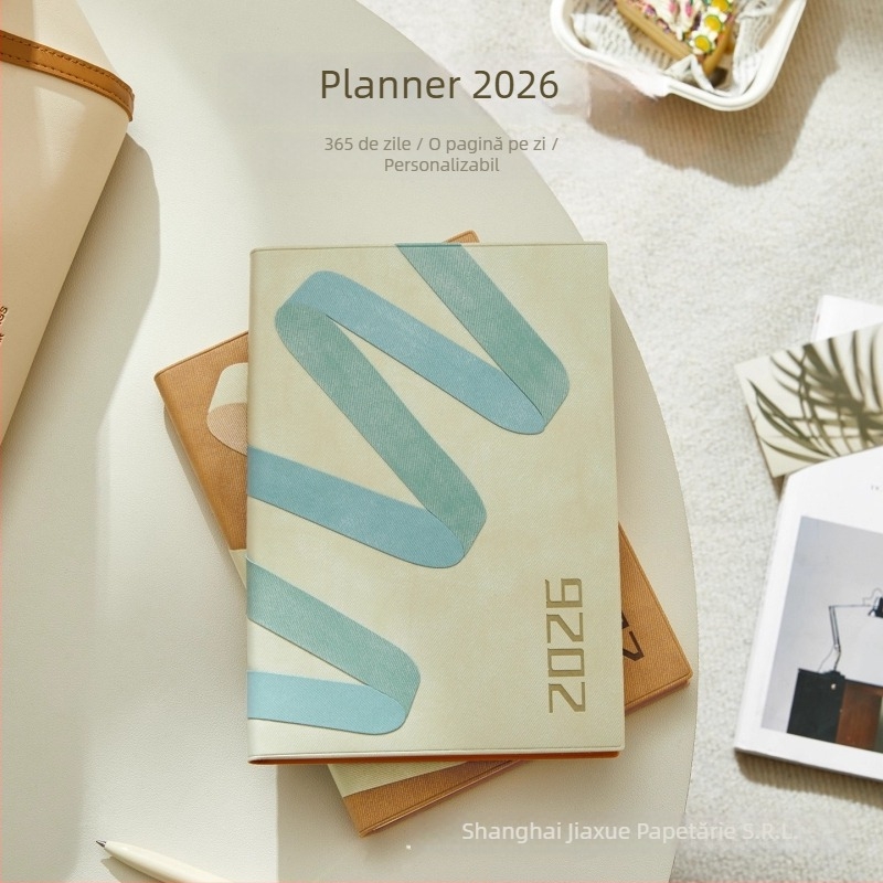 Notebook 2026: planificator zilnic pentru gestionarea timpului, legare pe linie, copertă PU, hârtie din pulpă de lemn brut, 80 g, 300–400 pagini.