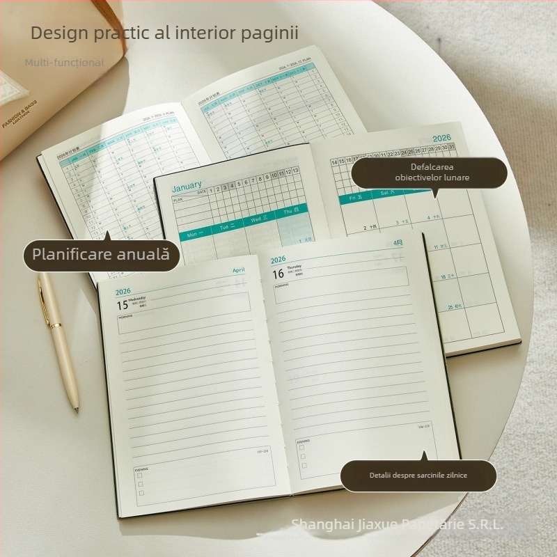 Notebook 2026: planificator zilnic pentru gestionarea timpului, legare pe linie, copertă PU, hârtie din pulpă de lemn brut, 80 g, 300–400 pagini.