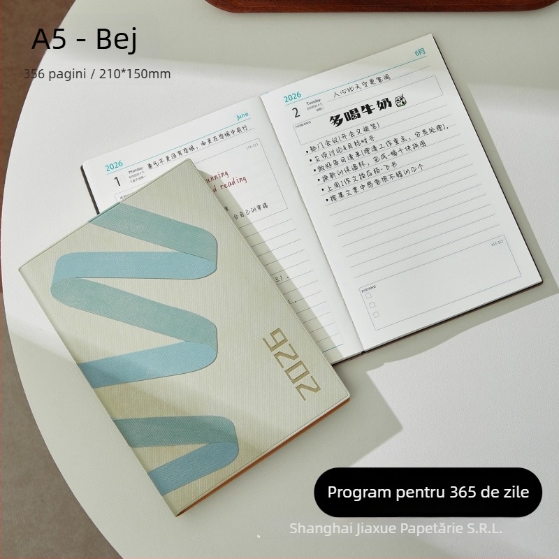 Notebook 2026: planificator zilnic pentru gestionarea timpului, legare pe linie, copertă PU, hârtie din pulpă de lemn brut, 80 g, 300–400 pagini.