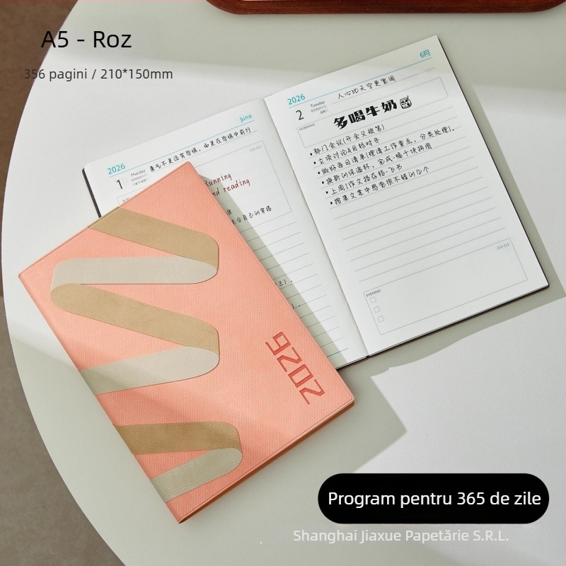 Notebook 2026: planificator zilnic pentru gestionarea timpului, legare pe linie, copertă PU, hârtie din pulpă de lemn brut, 80 g, 300–400 pagini.