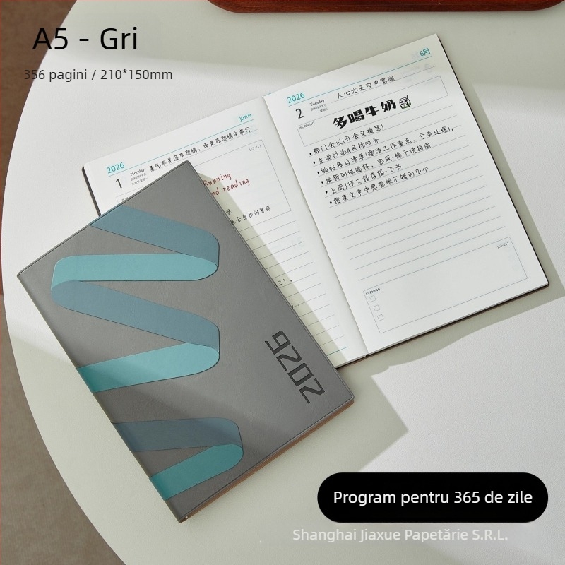 Notebook 2026: planificator zilnic pentru gestionarea timpului, legare pe linie, copertă PU, hârtie din pulpă de lemn brut, 80 g, 300–400 pagini.