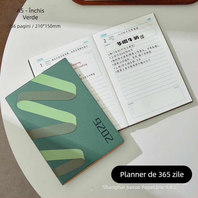 Notebook 2026: planificator zilnic pentru gestionarea timpului, legare pe linie, copertă PU, hârtie din pulpă de lemn brut, 80 g, 300–400 pagini.