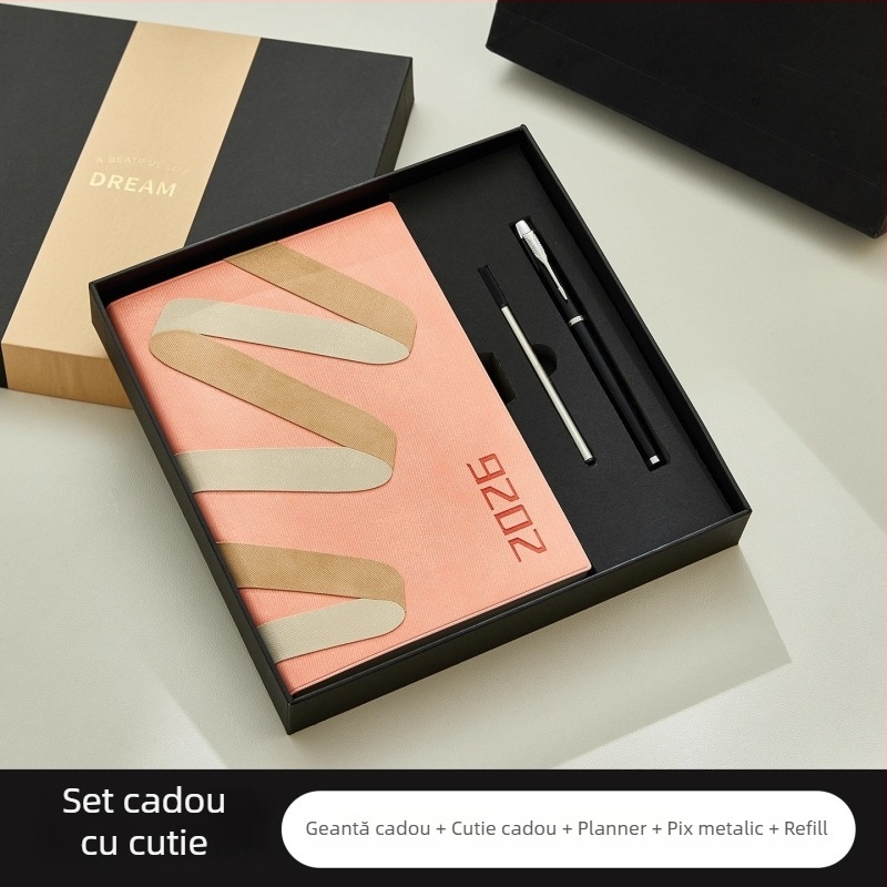 Notebook 2026: planificator zilnic pentru gestionarea timpului, legare pe linie, copertă PU, hârtie din pulpă de lemn brut, 80 g, 300–400 pagini.