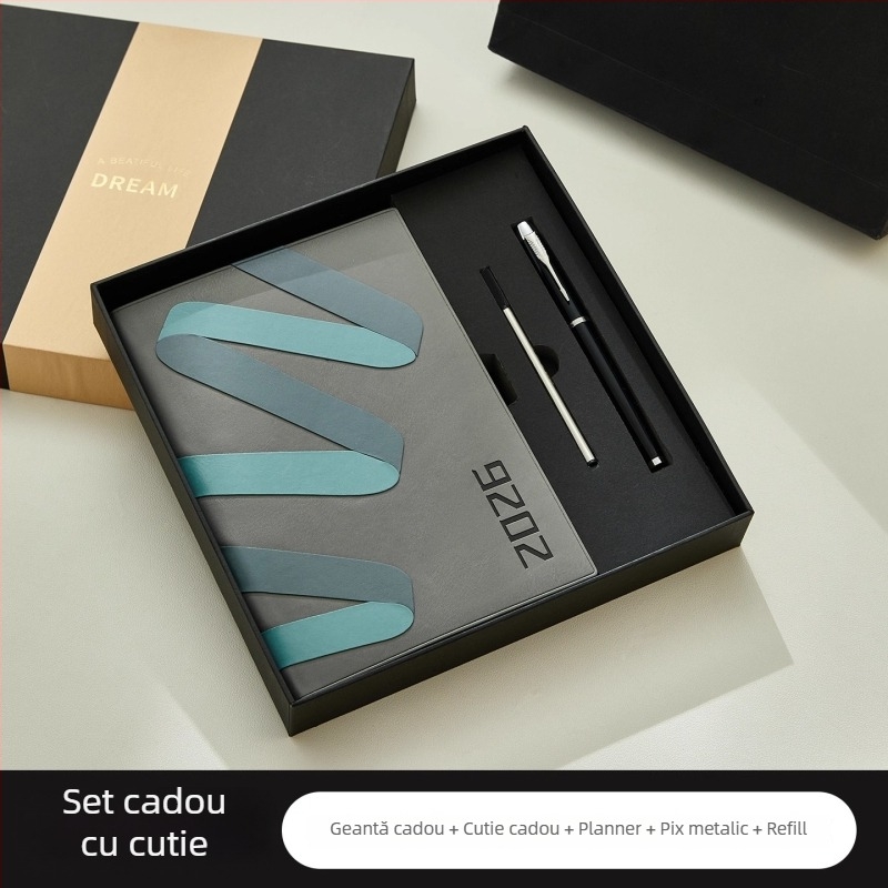 Notebook 2026: planificator zilnic pentru gestionarea timpului, legare pe linie, copertă PU, hârtie din pulpă de lemn brut, 80 g, 300–400 pagini.