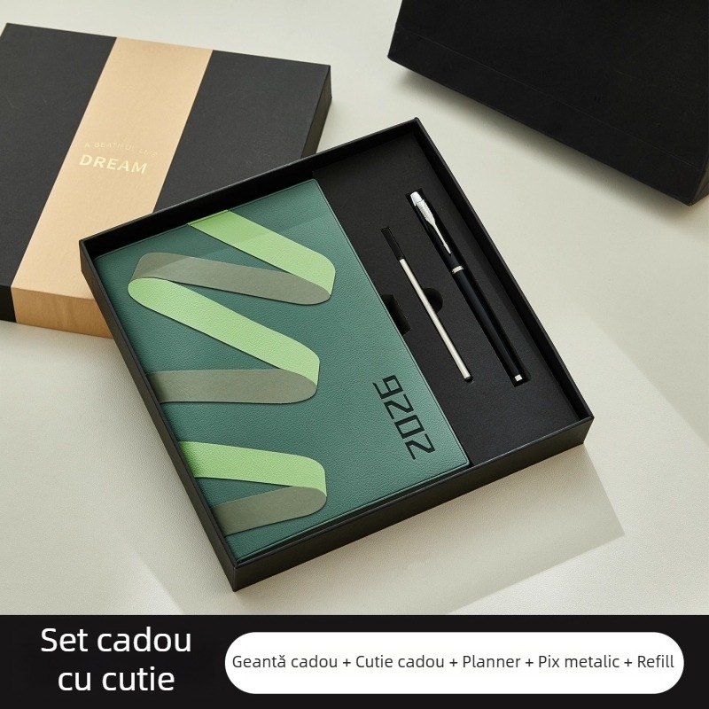 Notebook 2026: planificator zilnic pentru gestionarea timpului, legare pe linie, copertă PU, hârtie din pulpă de lemn brut, 80 g, 300–400 pagini.