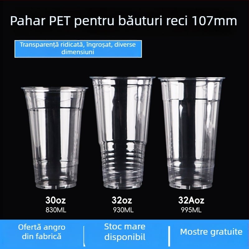 Pahar PET de unică folosință, diametru 107 mm, capacitate 1000 ml, pahar mare pentru ceai cu lapte și ceai de fructe, pahar Torch, 32 oz