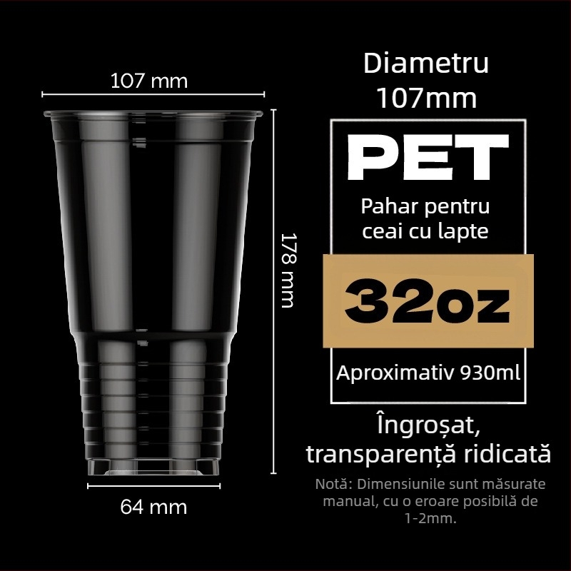 Pahar PET de unică folosință, diametru 107 mm, capacitate 1000 ml, pahar mare pentru ceai cu lapte și ceai de fructe, pahar Torch, 32 oz