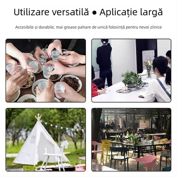 Pahar de plastic de unică folosință, dreptunghiular, capacitate 101–200 ml, din PP, pentru apă sau ceai; nu este compatibil cu cuptorul cu microunde.