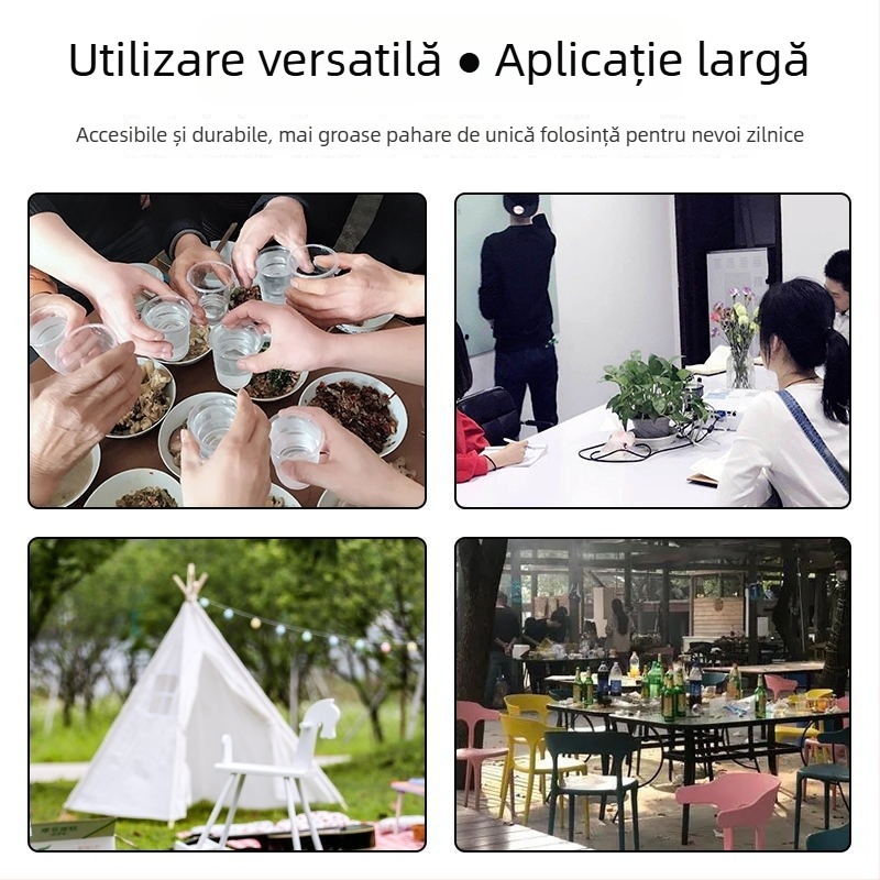 Pahar de plastic de unică folosință, dreptunghiular, capacitate 101–200 ml, din PP, pentru apă sau ceai; nu este compatibil cu cuptorul cu microunde.