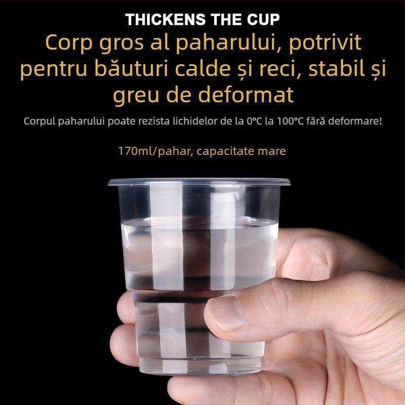 Pahar de plastic de unică folosință, dreptunghiular, capacitate 101–200 ml, din PP, pentru apă sau ceai; nu este compatibil cu cuptorul cu microunde.