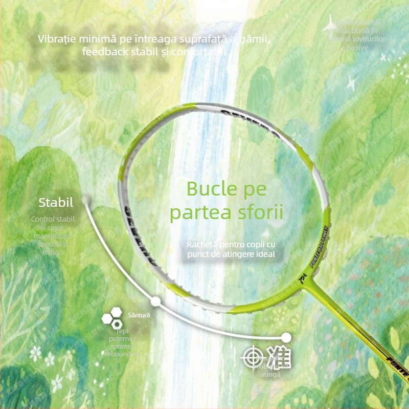 Rachetă de badminton – cadru din fibră de carbon, ultraușoară 75–79 g, mâner G5, rigiditate moderată, șnururi din nailon