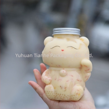 500 ml recipient PET transparent pentru ceai cu lapte, decorativ cu pisica norocoasă Maneki-Neko, sticlă cu formă neobișnuită pentru sucuri și băuturi reci