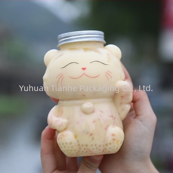 500 ml recipient PET transparent pentru ceai cu lapte, decorativ cu pisica norocoasă Maneki-Neko, sticlă cu formă neobișnuită pentru sucuri și băuturi reci
