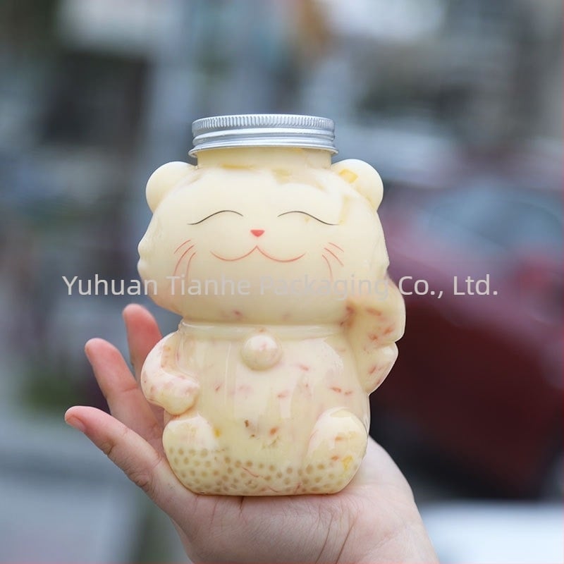500 ml recipient PET transparent pentru ceai cu lapte, decorativ cu pisica norocoasă Maneki-Neko, sticlă cu formă neobișnuită pentru sucuri și băuturi reci