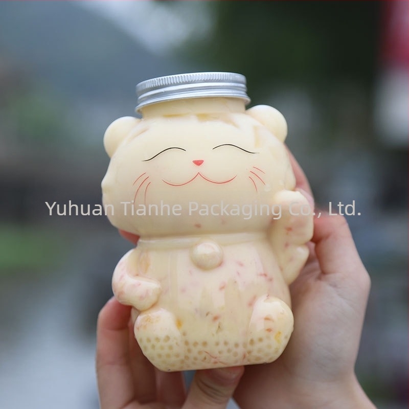 500 ml recipient PET transparent pentru ceai cu lapte, decorativ cu pisica norocoasă Maneki-Neko, sticlă cu formă neobișnuită pentru sucuri și băuturi reci