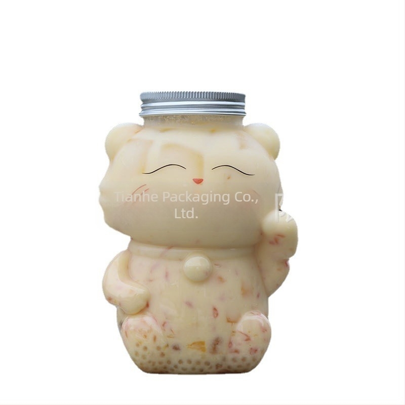 500 ml recipient PET transparent pentru ceai cu lapte, decorativ cu pisica norocoasă Maneki-Neko, sticlă cu formă neobișnuită pentru sucuri și băuturi reci