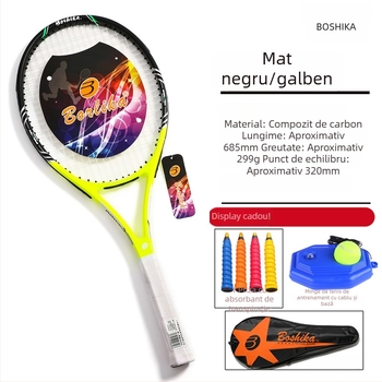 Rachetă de tenis din fibră de carbon pentru începători, ușoară 75–79 g, potrivită pentru amatori și elevi de gimnaziu, personalizabil cu logo, set de antrenament inclus